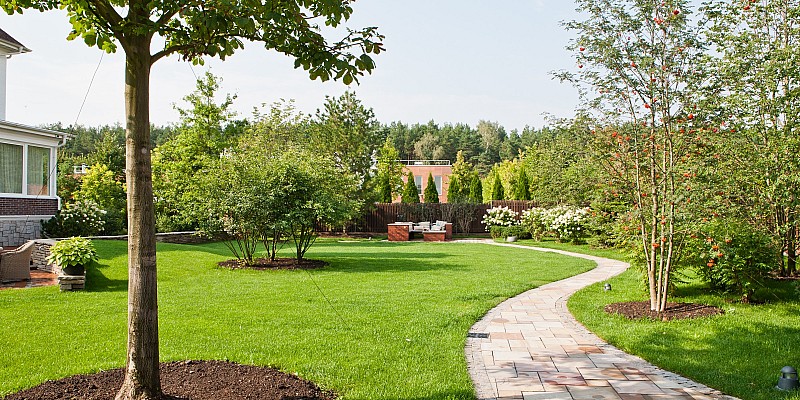 Foto eines angelegten Gartens mit großem Teich, Beleuchtung und gepflegten Grünpflanzen.